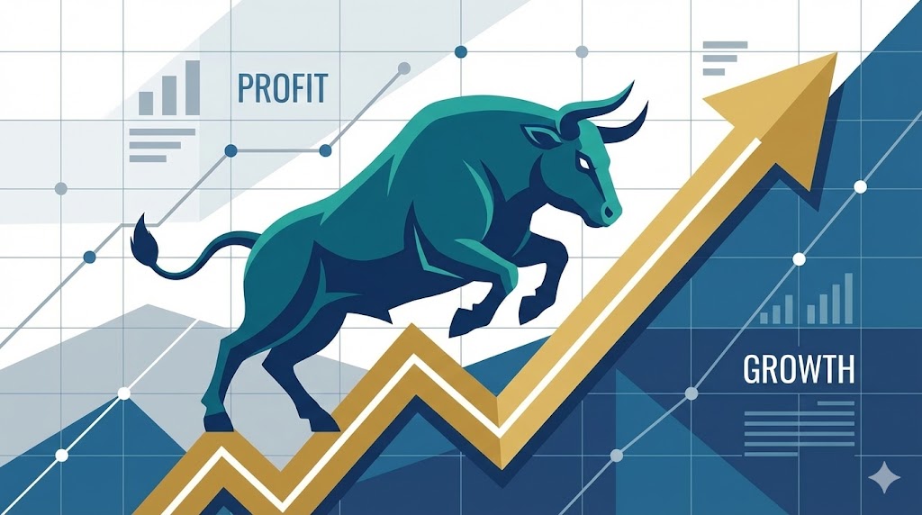 Bull and bear facing each other in financial district