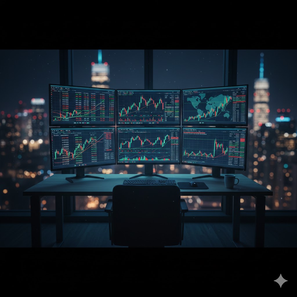 Financial analyst reviewing stock charts on multiple monitors