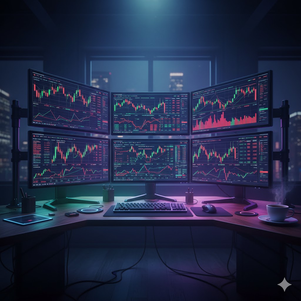 Professional trader analyzing multiple stock charts on monitors