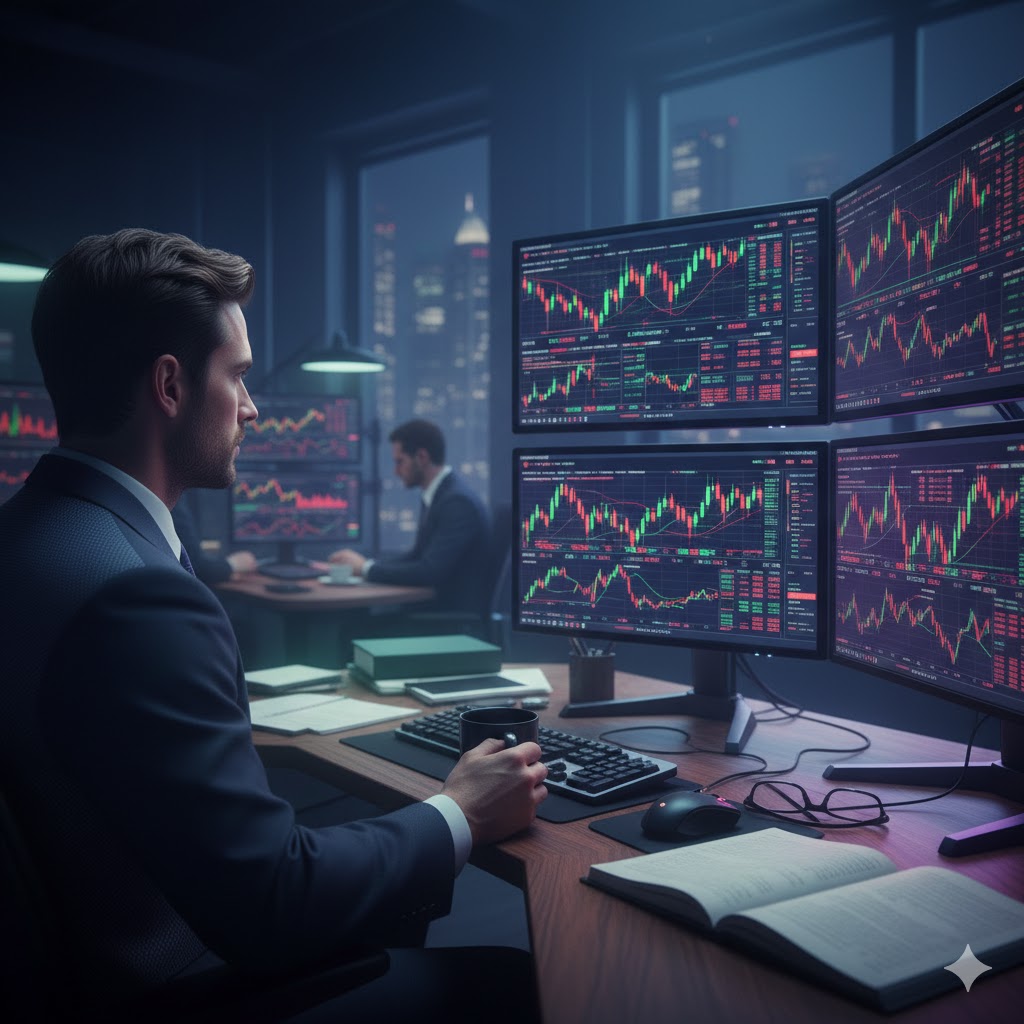 Financial analyst reviewing stock charts on multiple monitors