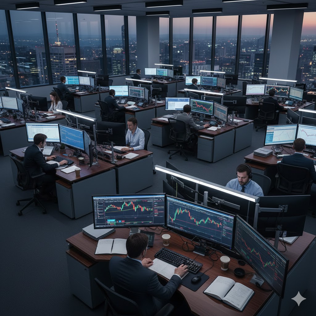 Professional trader analyzing multiple stock charts on monitors