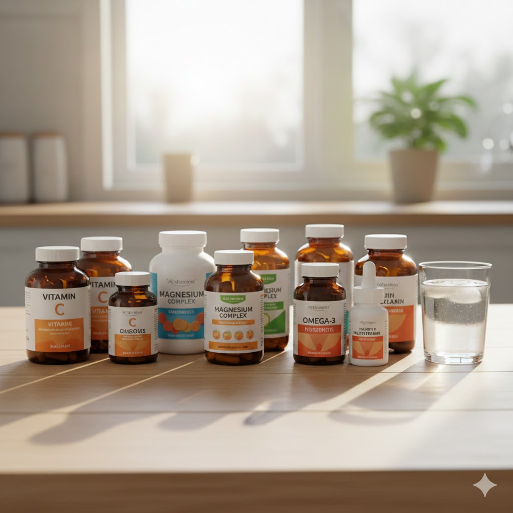 Various women's health and beauty supplements arranged on a table