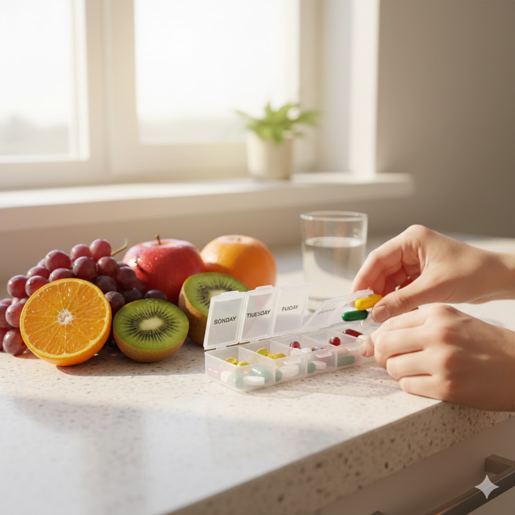 Various women's health and beauty supplements arranged on a table