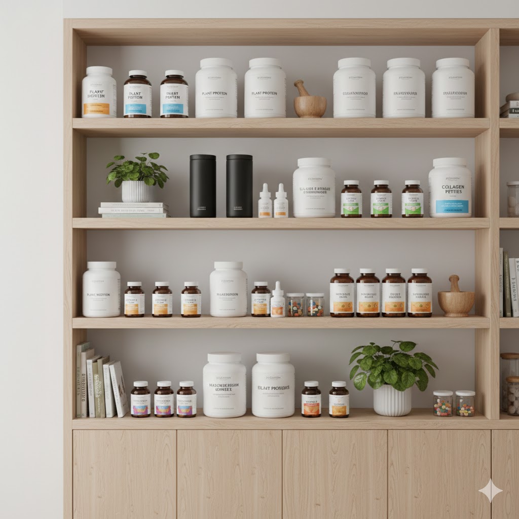 Various women's health and beauty supplements arranged on a table