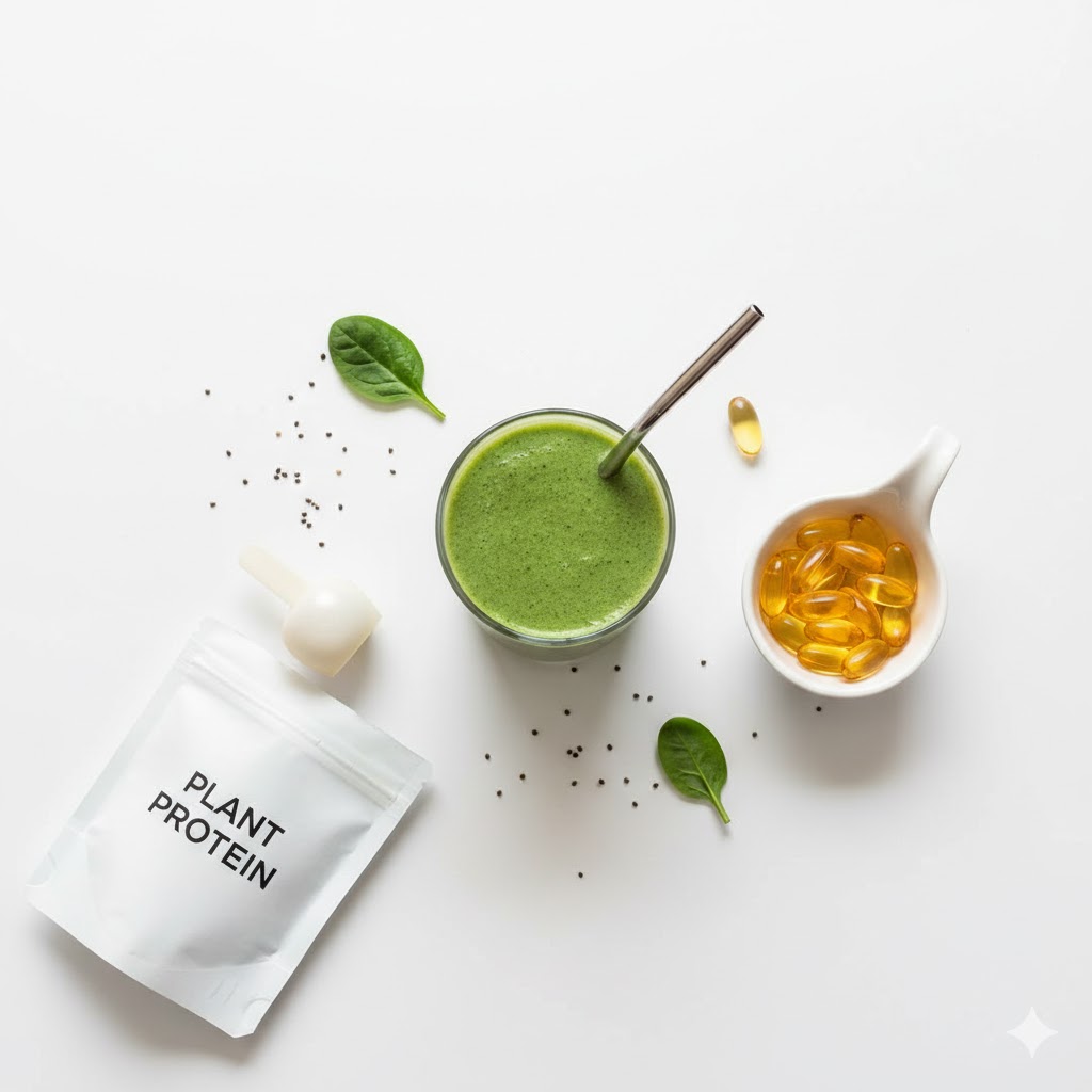 Various women's health and beauty supplements arranged on a table