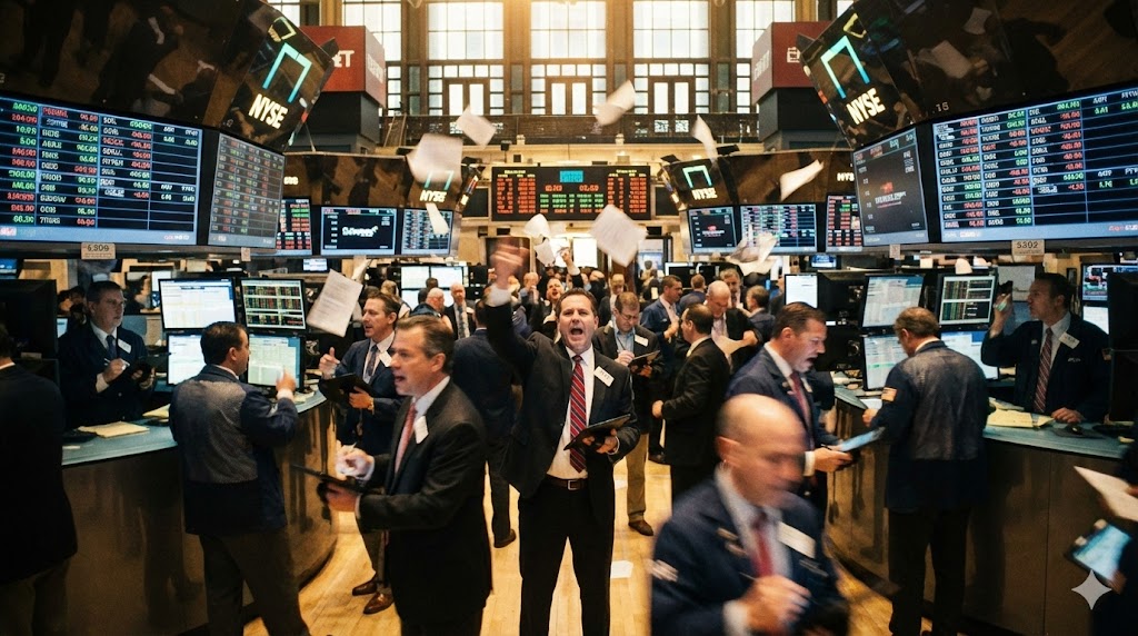 Bull and bear facing off over a miniature house model