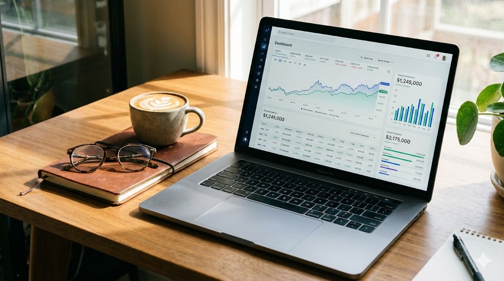 Business person analyzing financial charts on laptop