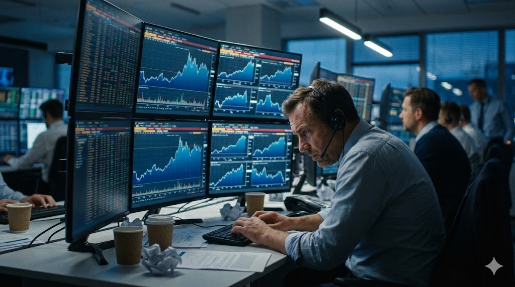 Laptop showing stock charts and financial data